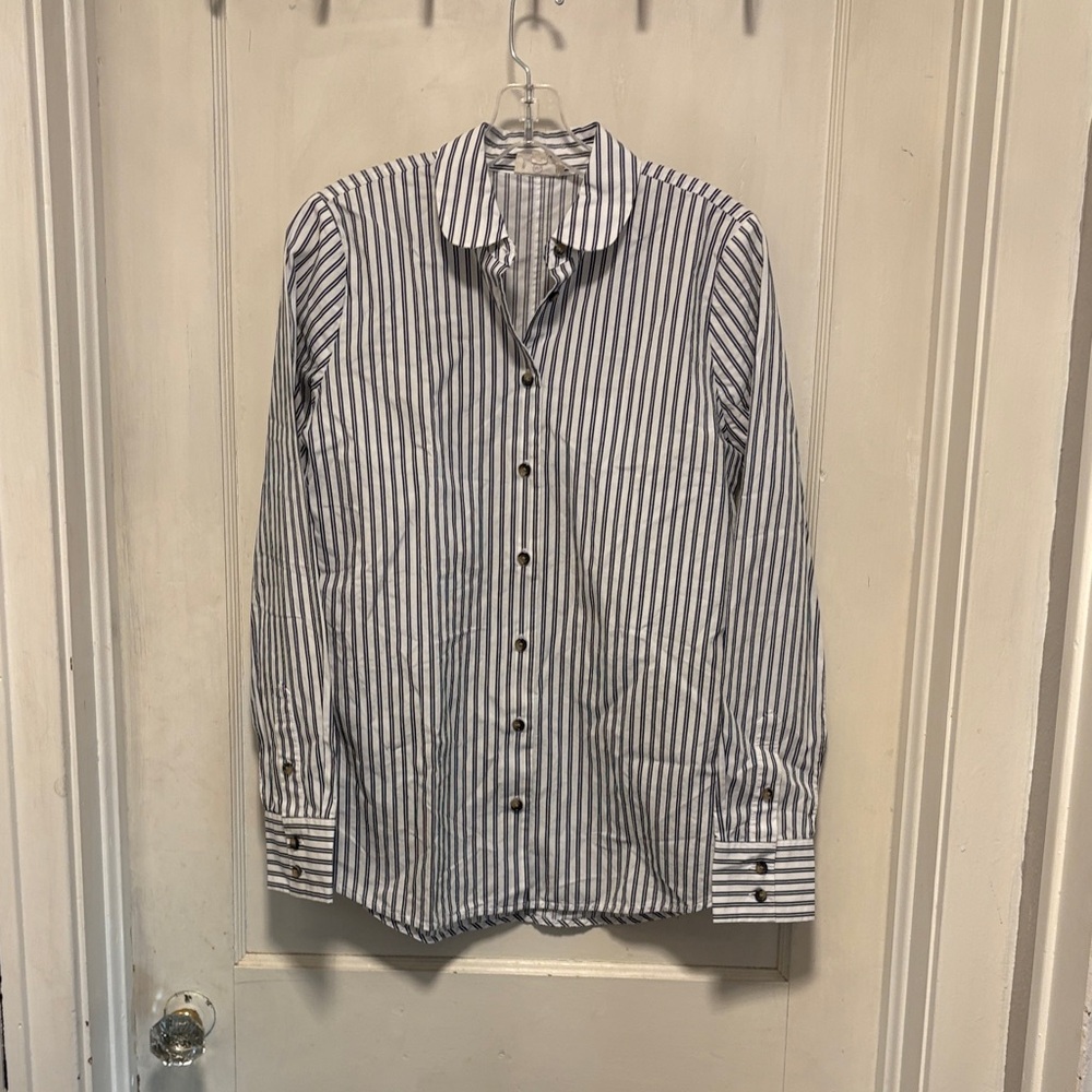 AG  Adriano Goldschmied Blue and White Striped Curved Collar Button Down BWOT S